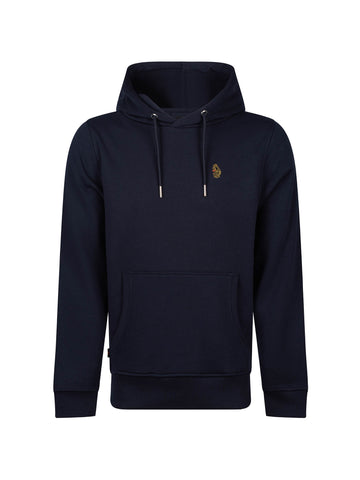Men's navy hoodie with front pocket and drawstring hood.