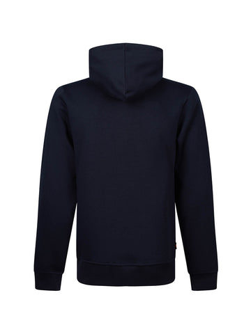 Men's navy hoodie with front pocket and drawstring hood.