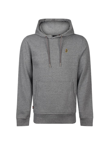 Men's grey hoodie with front pocket and drawstring hood.