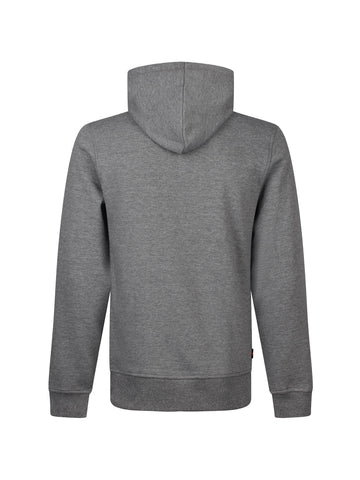 Men's grey hoodie with front pocket and drawstring hood.