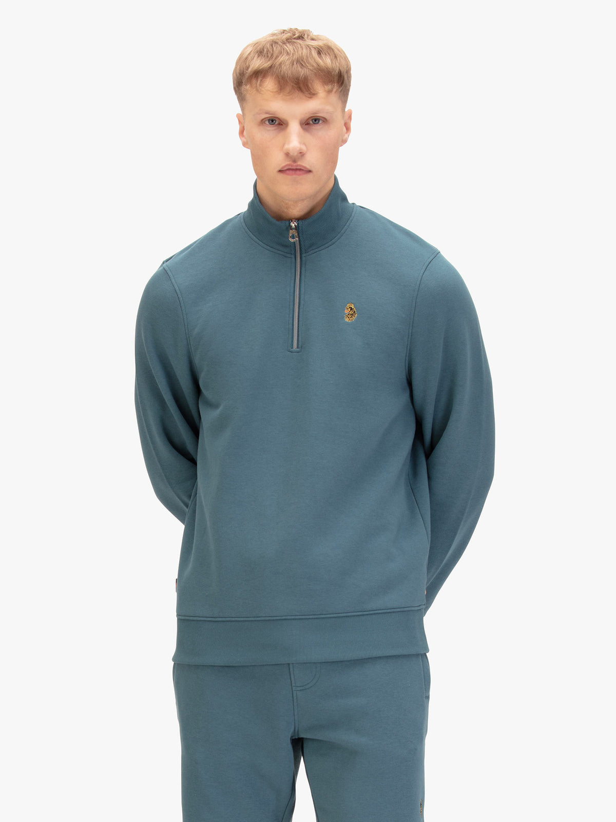 Men's blue sweatshirt with quarter-zip neck, front view