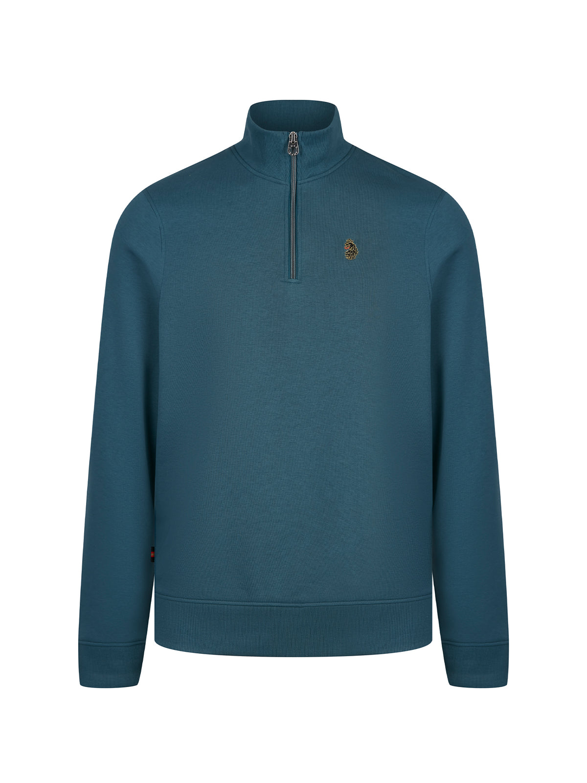Men's blue sweatshirt with quarter-zip neck, front view