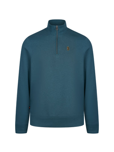 Men's blue sweatshirt with quarter-zip neck, front view