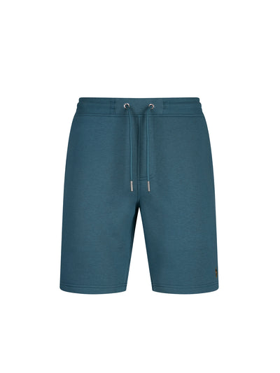 Men's blue shorts with drawstring waistband, front view