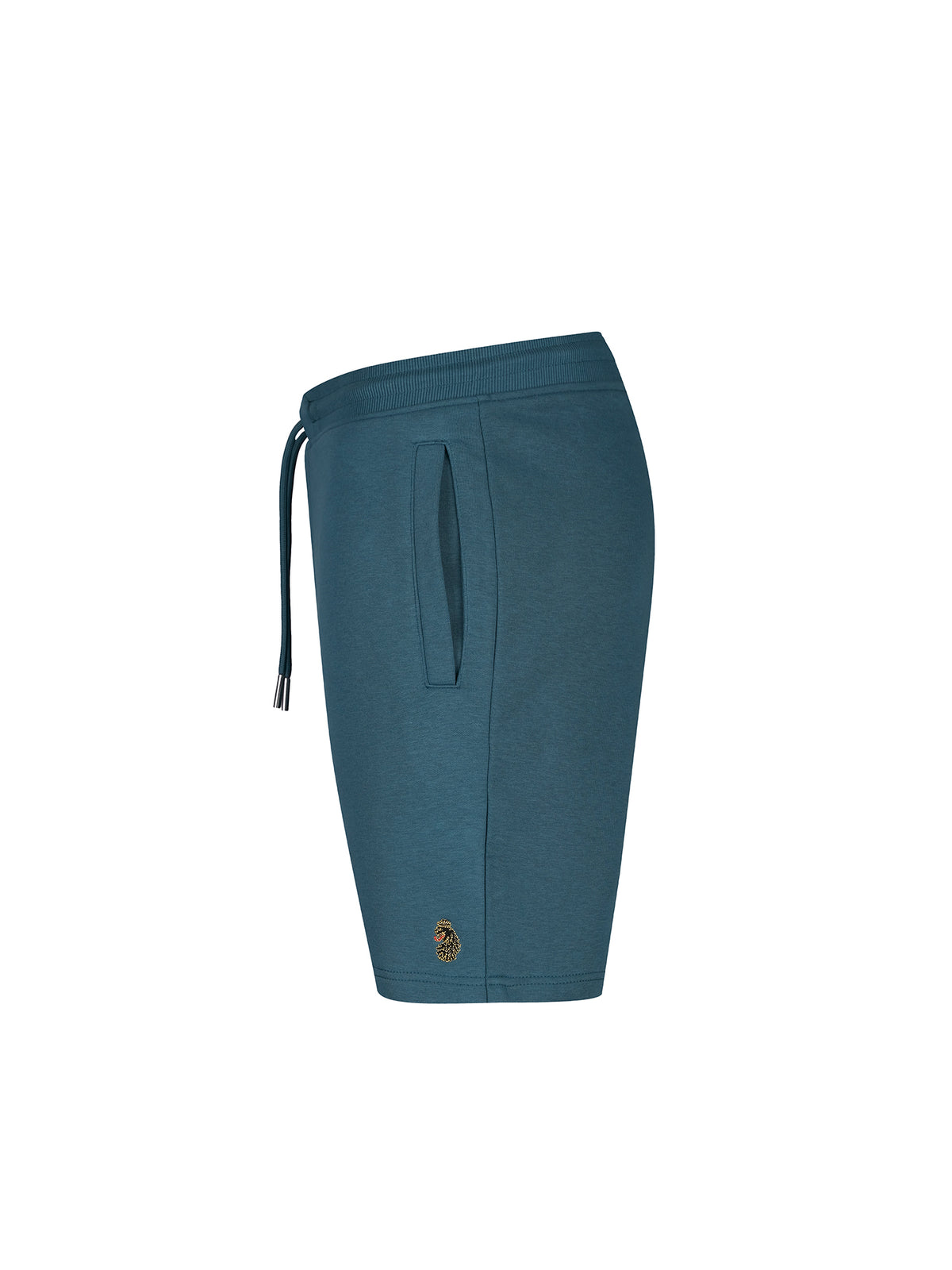 Men's blue shorts with drawstring waistband, side view