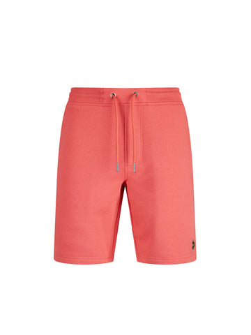 Men's red shorts with drawstring waistband, front view