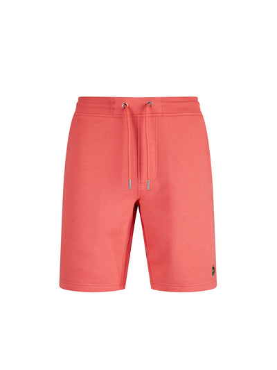 Men's red shorts with drawstring waistband, front view