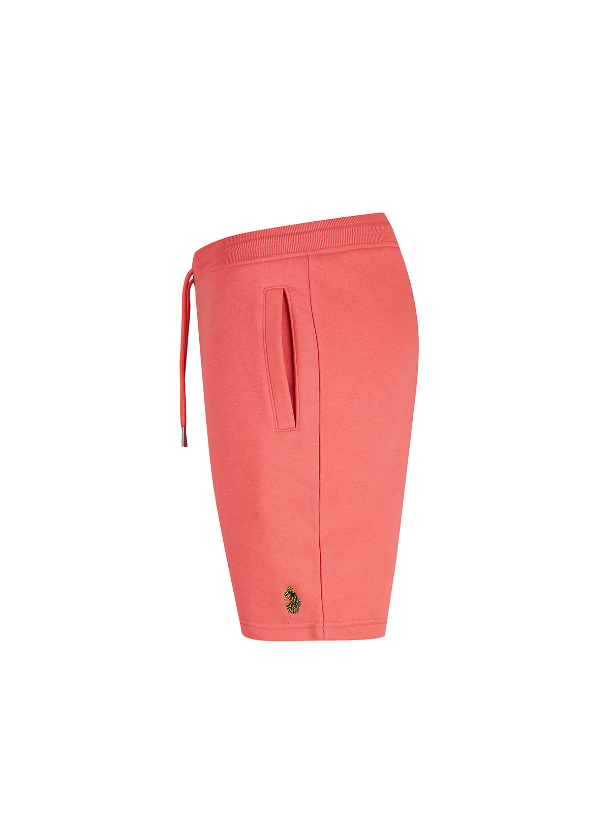 Men's red shorts with drawstring waistband, side view