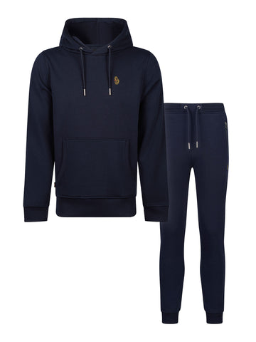 Men's navy tracksuit with pullover hoodie and matching joggers.
