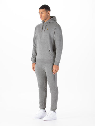 Men's grey tracksuit with pullover hoodie and matching joggers.