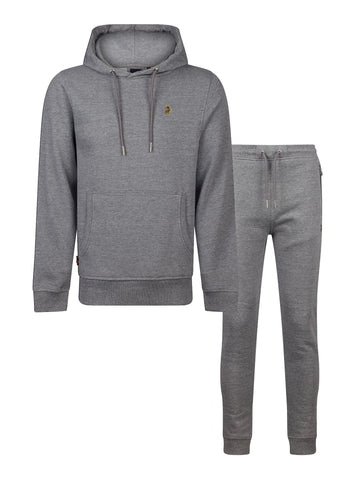 Men's grey tracksuit with pullover hoodie and matching joggers.