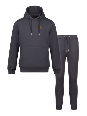 Men's grey tracksuit with pullover hoodie and matching joggers.