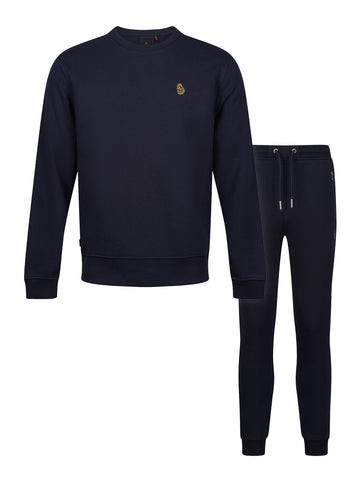 Men's navy tracksuit with crew neck sweatshirt and matching joggers.