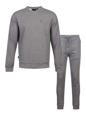 Men's grey tracksuit with crew neck sweatshirt and matching joggers.