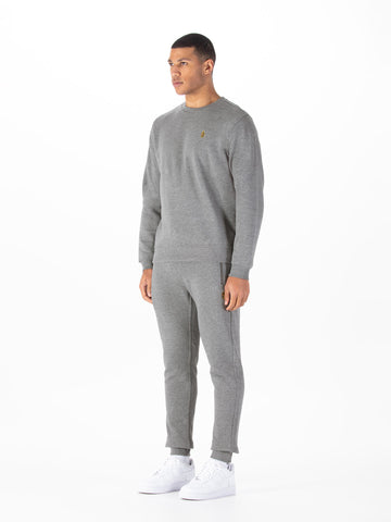 Men's grey tracksuit with crew neck sweatshirt and matching joggers.