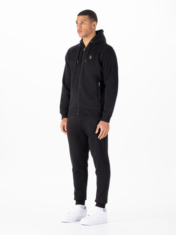 Men's black tracksuit with zip-up hoodie and matching joggers.