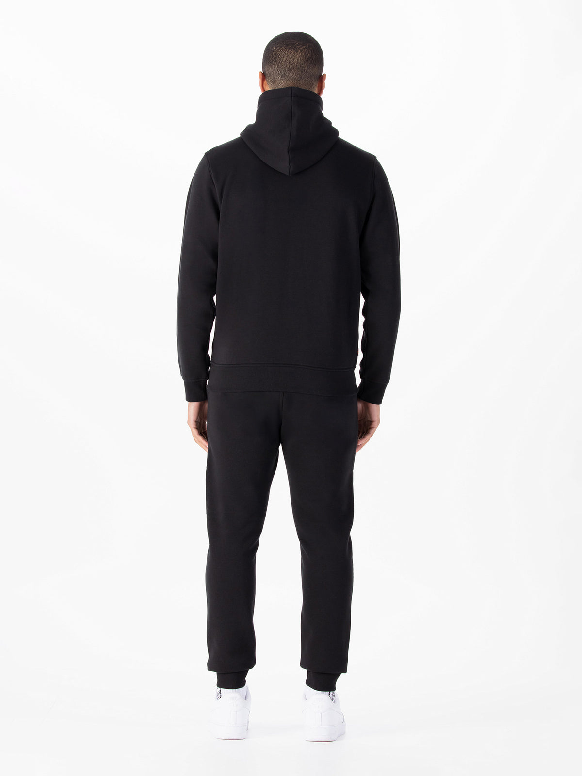 Men's black tracksuit with zip-up hoodie and matching joggers.