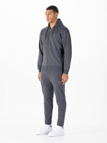 Men's grey tracksuit with zip-up hoodie and matching joggers.