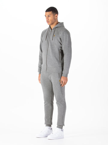 Men's grey tracksuit with zip-up hoodie and matching joggers.