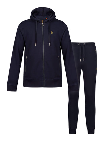 Men's navy tracksuit with zip-up hoodie and matching joggers.