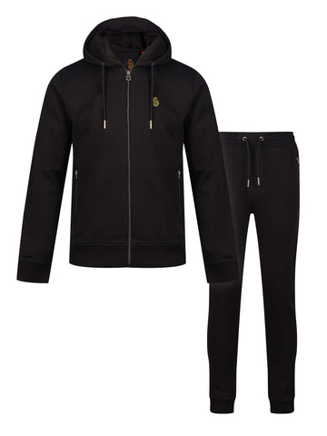 Men's black tracksuit with zip-up hoodie and matching joggers.
