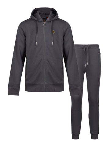 Men's grey tracksuit with zip-up hoodie and matching joggers.