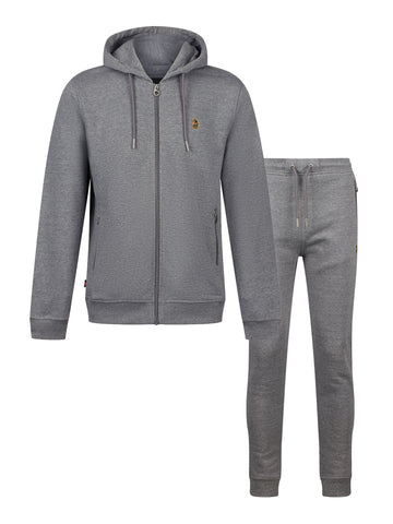 Men's grey tracksuit with zip-up hoodie and matching joggers.