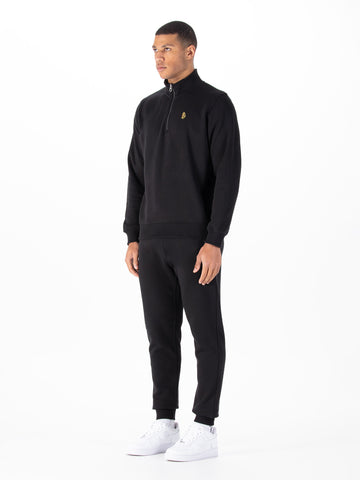 Men's black tracksuit with zip-up sweatshirt and matching joggers.