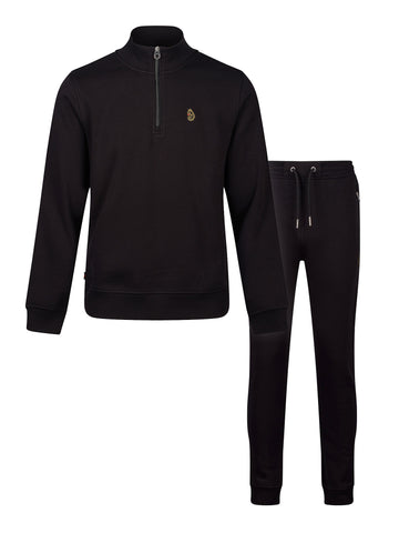 Men's black tracksuit with zip-up sweatshirt and matching joggers.