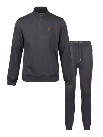 Men's grey tracksuit with zip-up sweatshirt and matching joggers.