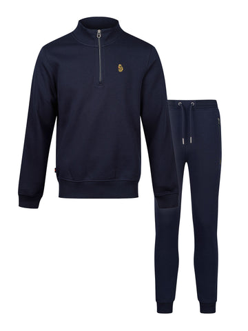 Men's navy tracksuit with quarter zip sweatshirt and matching joggers.