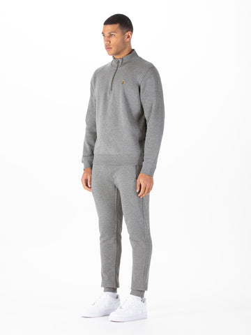 Men's grey tracksuit with zip-up sweatshirt and matching joggers.