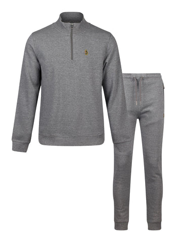 Men's grey tracksuit with zip-up sweatshirt and matching joggers.