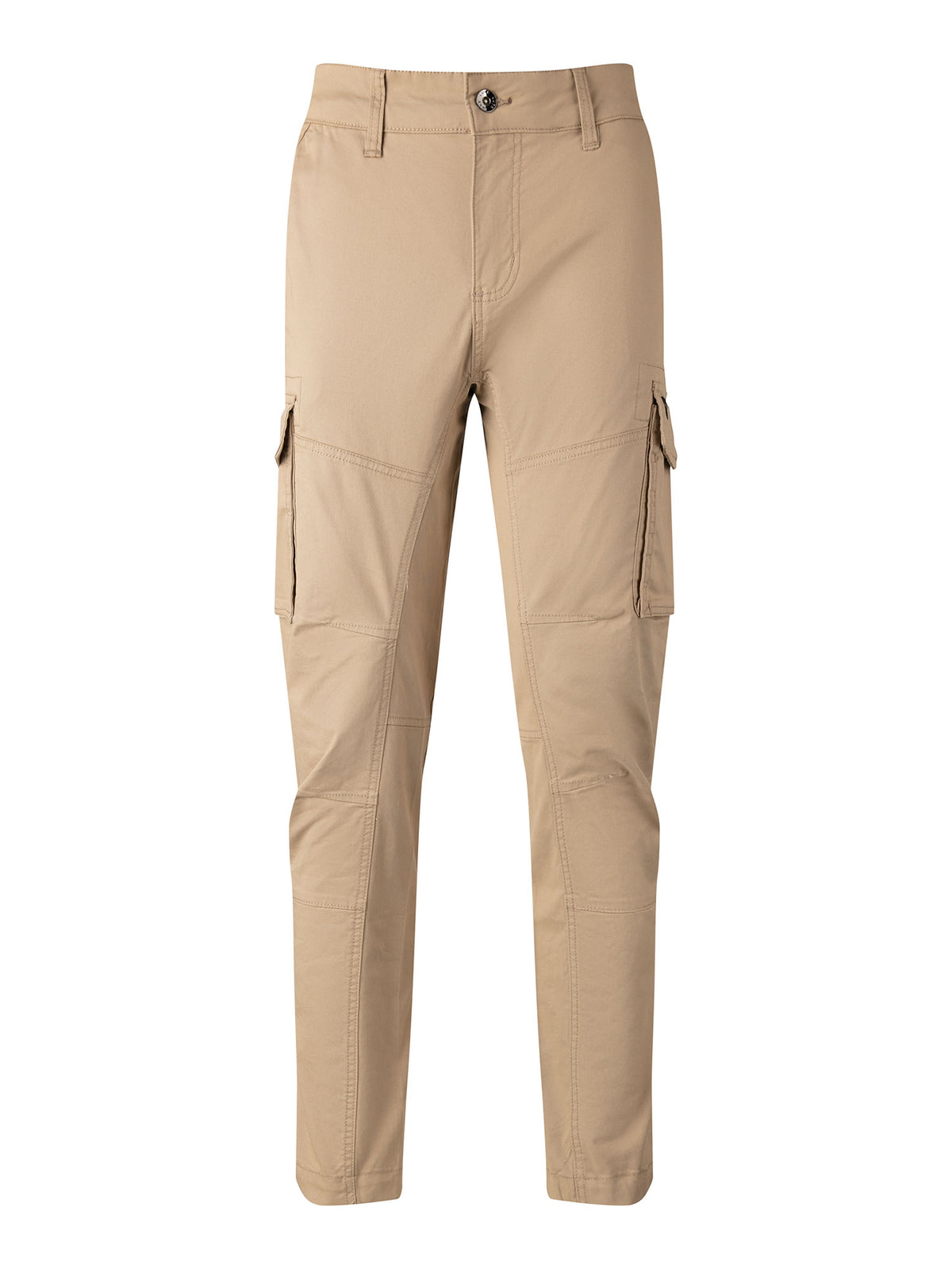 Men's beige cargo trousers with cargo pockets.