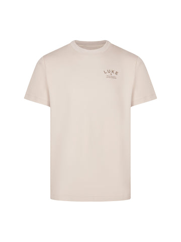 Men's relaxed-fit beige t-shirt with crew neck and short sleeves, front view