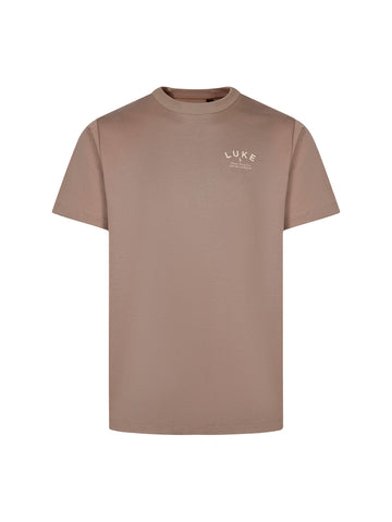 Men's relaxed-fit brown t-shirt with crew neck and short sleeves, front view