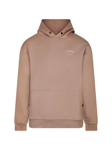 Men's relaxed-fit brown hoodie with front pocket and drawstring hood, front view