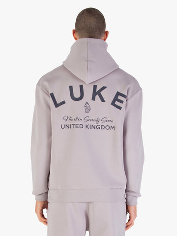 Men's relaxed-fit grey hoodie with front pocket and drawstring hood.