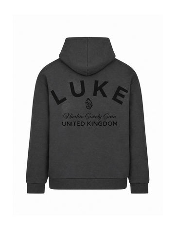 Back of charcoal LUKE 1977 Alton lux touch hoodie with raised 3D style LUKE back print