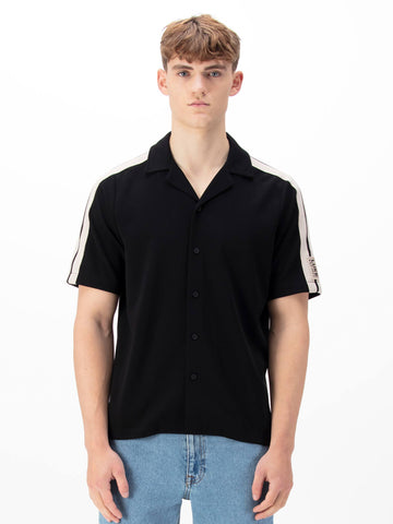 Men's black shirt with button-up front.