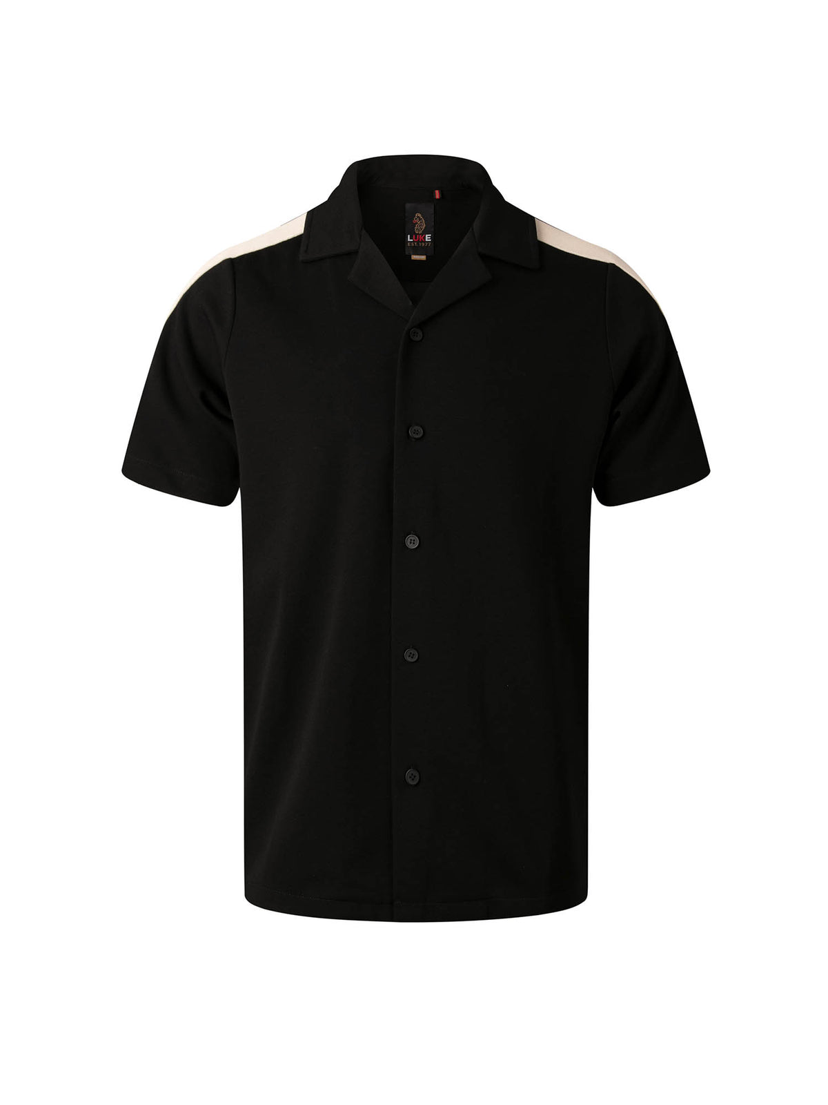 Men's black shirt with button-up front.