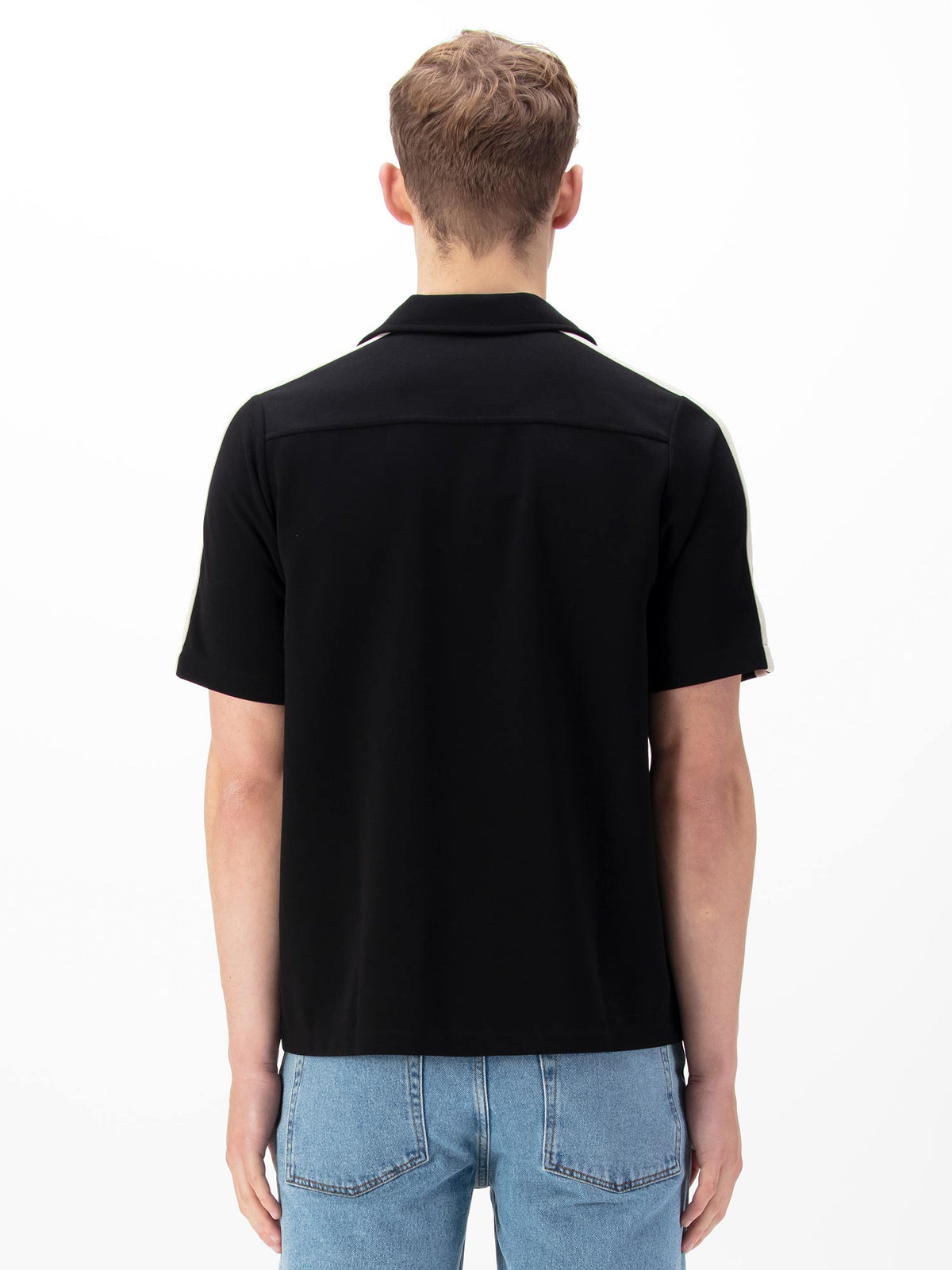 Men's black shirt with button-up front.