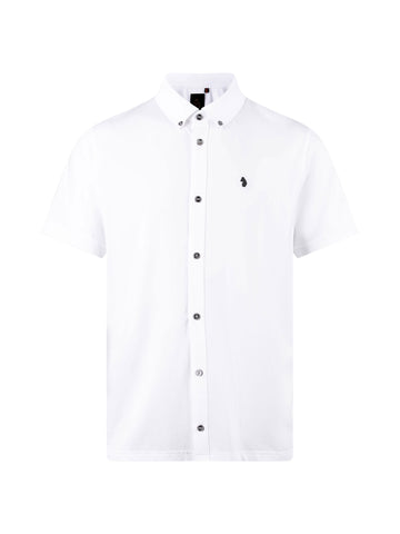 Men's white polo shirt with polo collar, front view