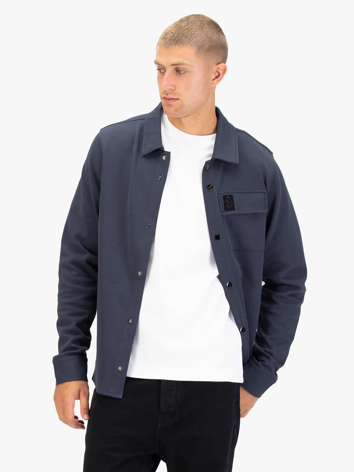 Men's grey shirt with button-up front.