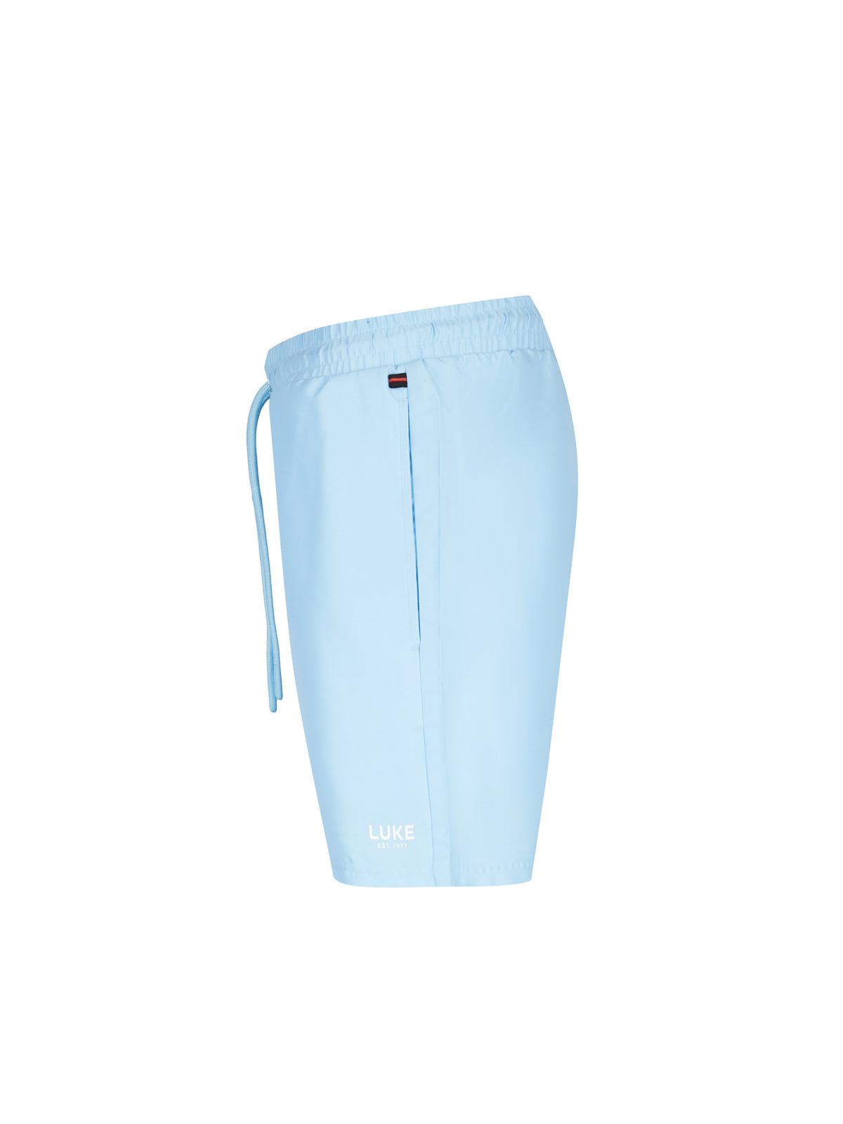 Men's blue-1 swim shorts with drawstring waistband, side view