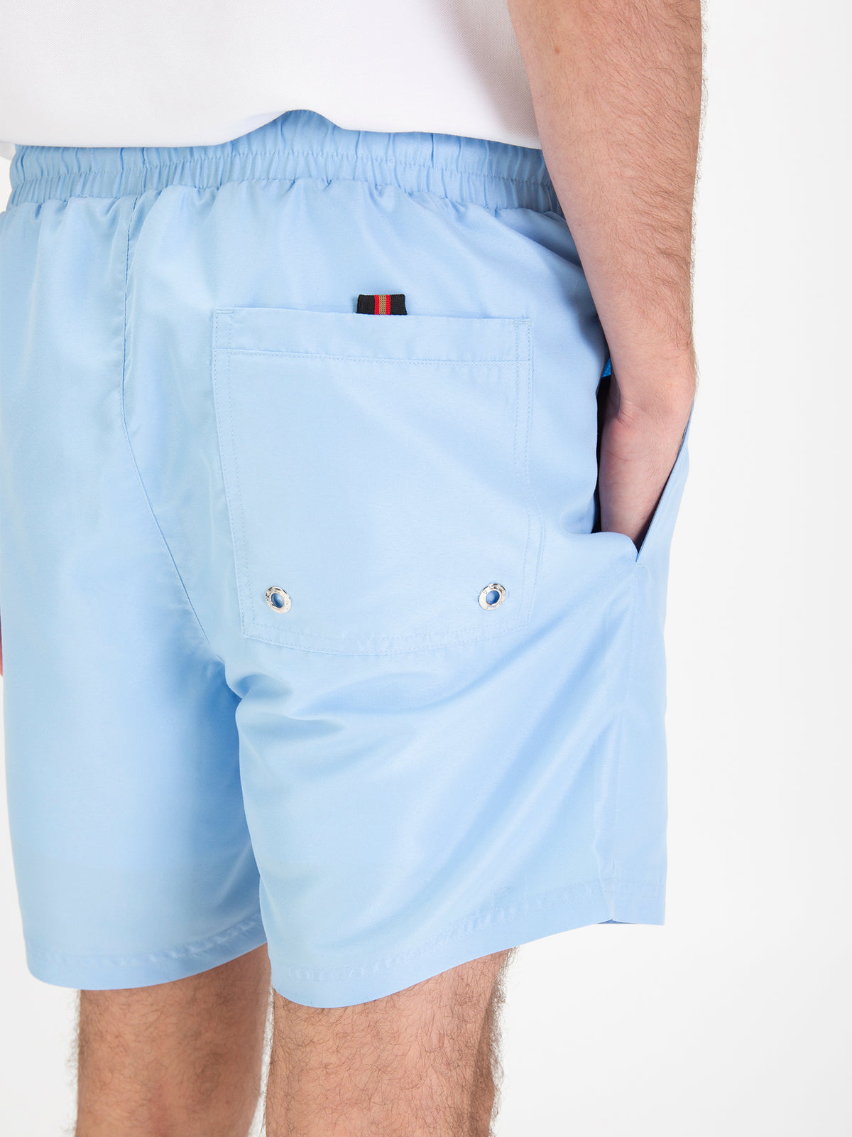 Men's blue-1 swim shorts with drawstring waistband, detail view