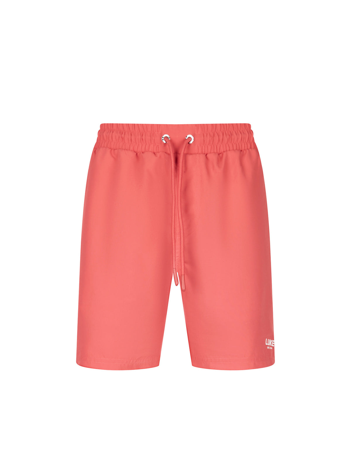 Men's red swim shorts with drawstring waistband, front view