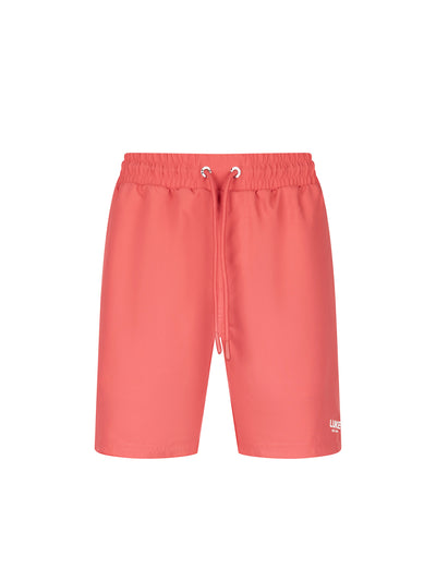 Men's red swim shorts with drawstring waistband, front view