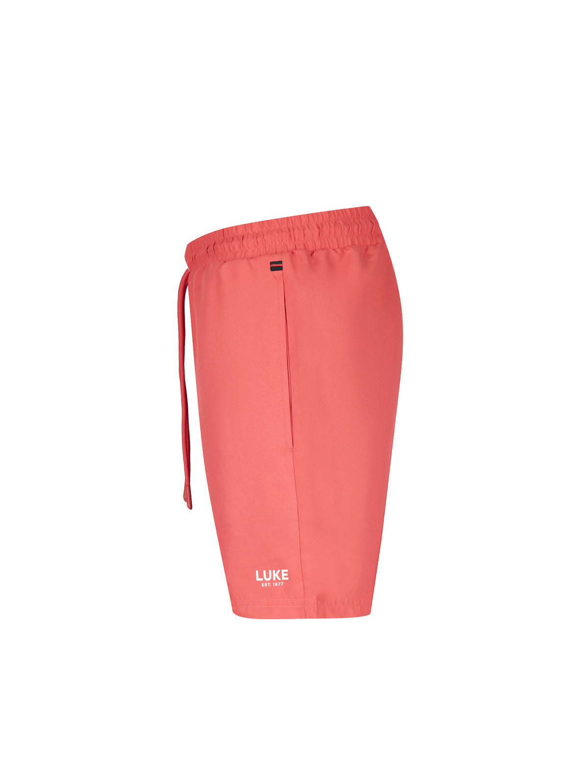 Men's red swim shorts with drawstring waistband, side view