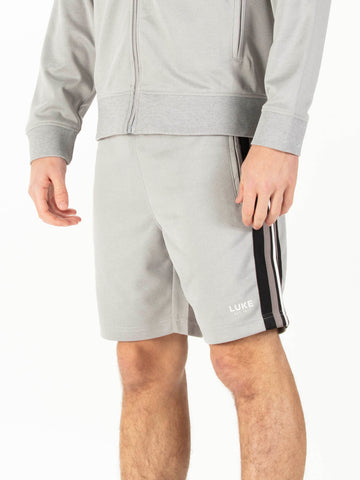 Men's grey shorts with drawstring waistband.